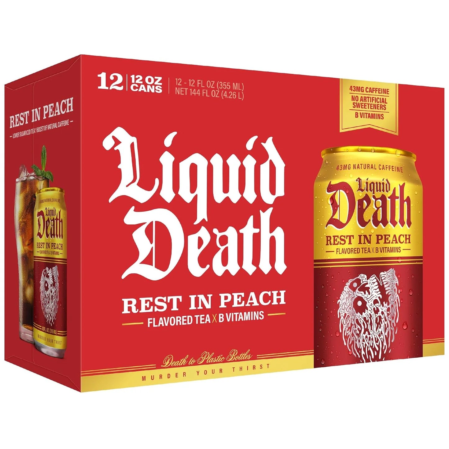 Liquid Death Iced Tea - Rest In Peach (Peach-Flavored Black Tea), Less Sugar*, Boost of Caffeine, B Vitamins, No Artificial Sweeteners, 12 Fl Oz (Pack of 12)