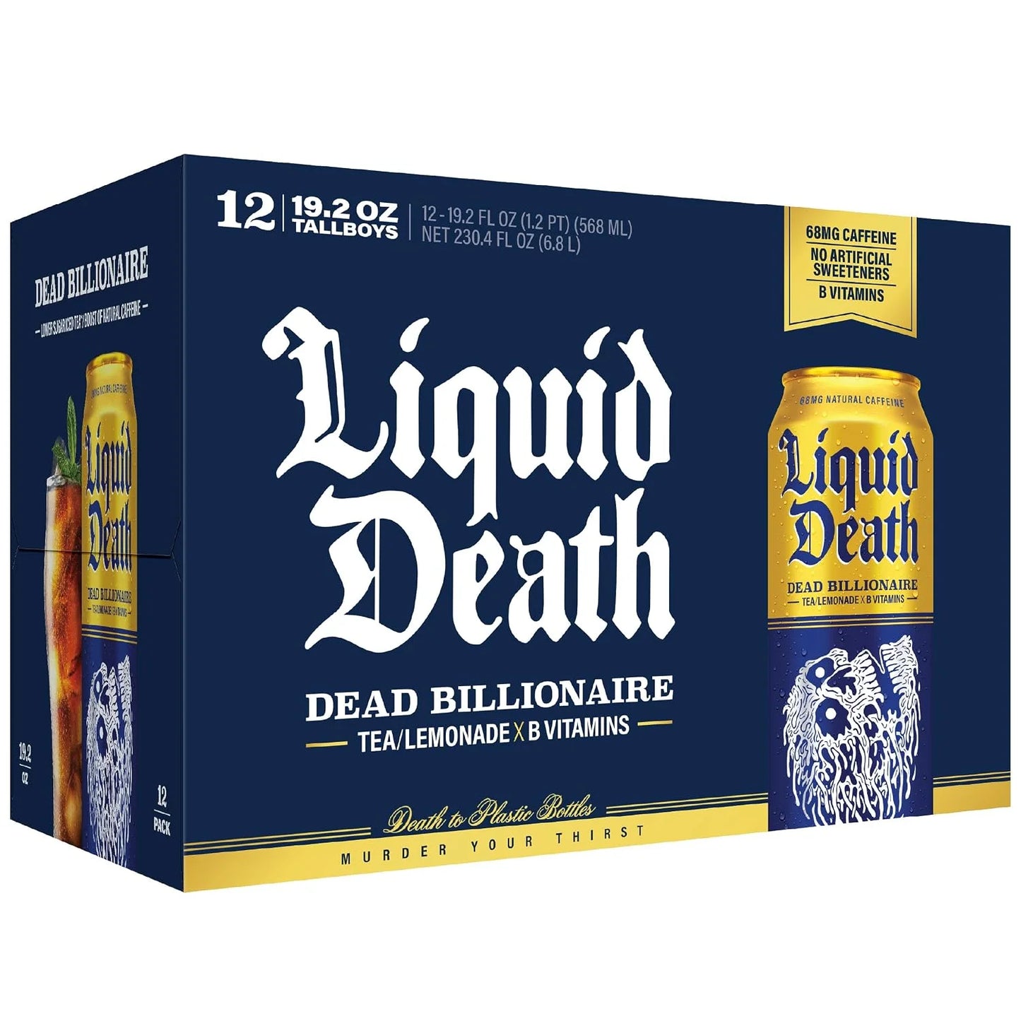 Liquid Death Iced Tea - Dead Billionaire (Black Tea/Lemonade), Less Sugar*, Boost of Caffeine, B Vitamins, No Artificial Sweeteners, King Size 19.2 Fl Oz (Pack of 12)