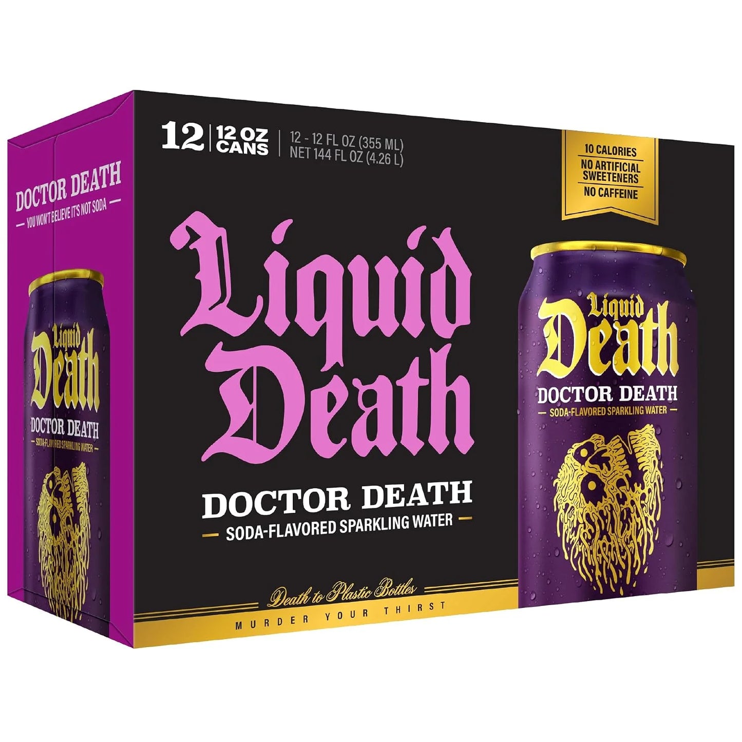 Liquid Death Soda-Flavored Sparkling Water - Doctor Death (Cherry, Cream, Spice), Less Sugar*, Huge Flavor, No Caffeine, No Artificial Sweeteners, 12 Fl Oz (Pack of 12)