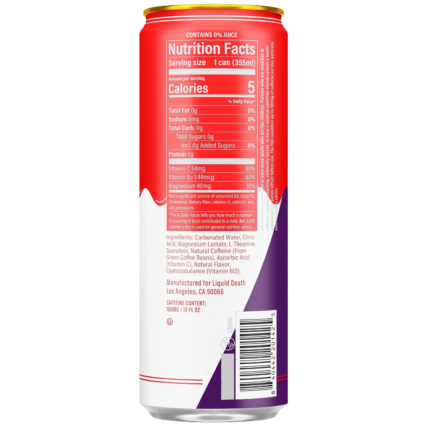 Liquid Death Sparkling Energy - Blood Zero (Raspberry Cream), Zero Sugar Energy Drink, Unextreme Caffeine 100mg, Essential Vitamins, 12 Fl Oz (Pack of 12)