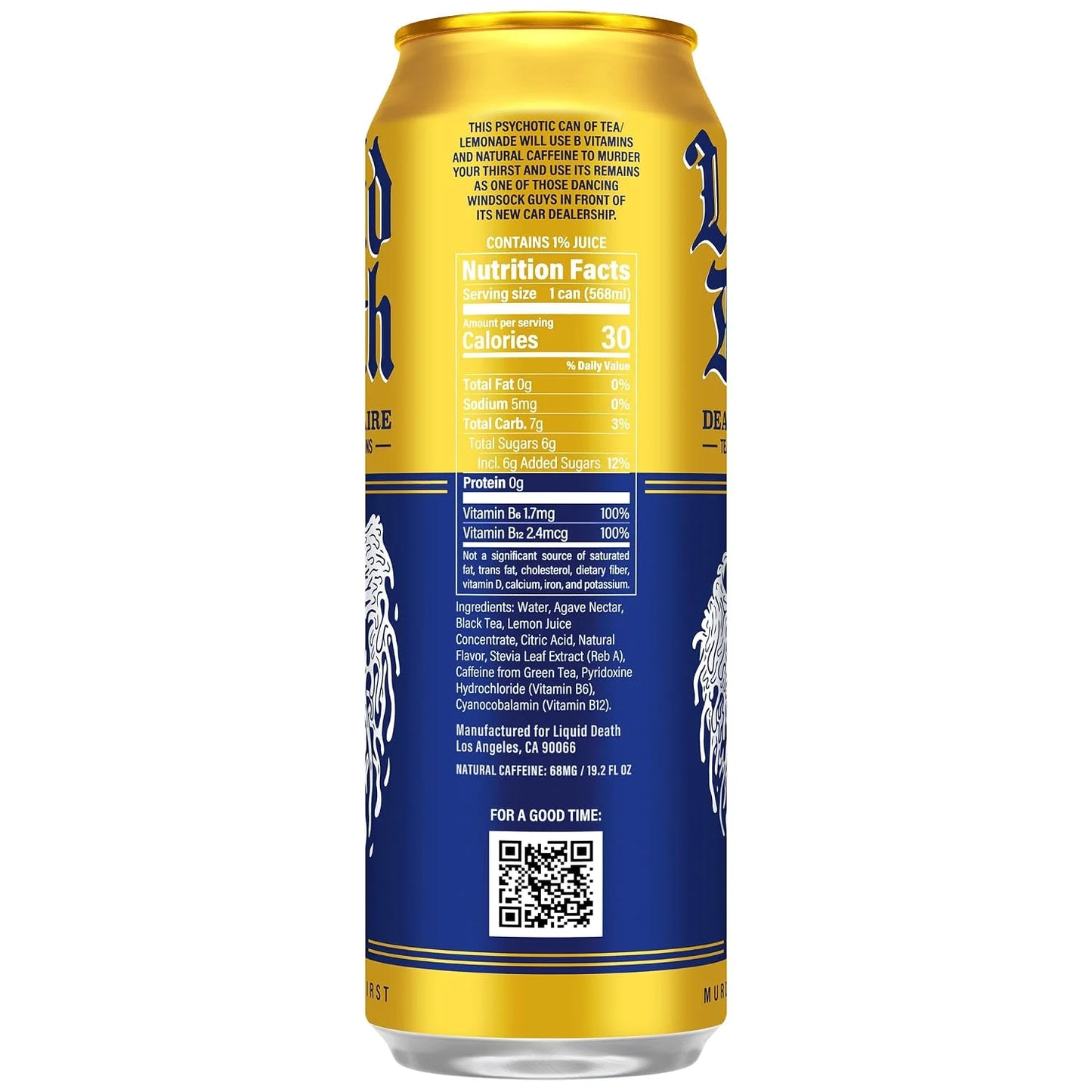 Liquid Death Iced Tea - Dead Billionaire (Black Tea/Lemonade), Less Sugar*, Boost of Caffeine, B Vitamins, No Artificial Sweeteners, King Size 19.2 Fl Oz (Pack of 12)