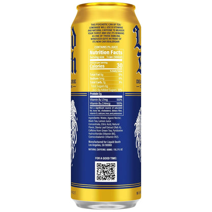 Liquid Death Iced Tea - Dead Billionaire (Black Tea/Lemonade), Less Sugar*, Boost of Caffeine, B Vitamins, No Artificial Sweeteners, King Size 19.2 Fl Oz (Pack of 12)