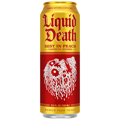 Liquid Death Iced Tea - Rest In Peach (Peach-Flavored Black Tea), Less Sugar*, Boost of Caffeine, B Vitamins, No Artificial Sweeteners, King Size 19.2 Fl Oz (Pack of 12)