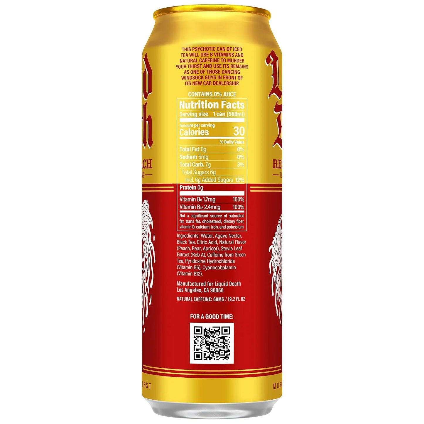 Liquid Death Iced Tea - Rest In Peach (Peach-Flavored Black Tea), Less Sugar*, Boost of Caffeine, B Vitamins, No Artificial Sweeteners, King Size 19.2 Fl Oz (Pack of 12)