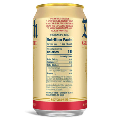 Liquid Death Soda-Flavored Sparkling Water - Grave Fruit (Grapefruit Flavor), Less Sugar*, Huge Flavor, No Caffeine, No Artificial Sweeteners, 12 Fl Oz (Pack of 12)