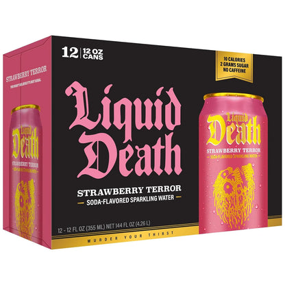 Liquid Death Soda-Flavored Sparkling Water - Strawberry Terror, Less Sugar*, Huge Flavor, No Caffeine, No Artificial Sweeteners, 12 Fl Oz (Pack of 12)