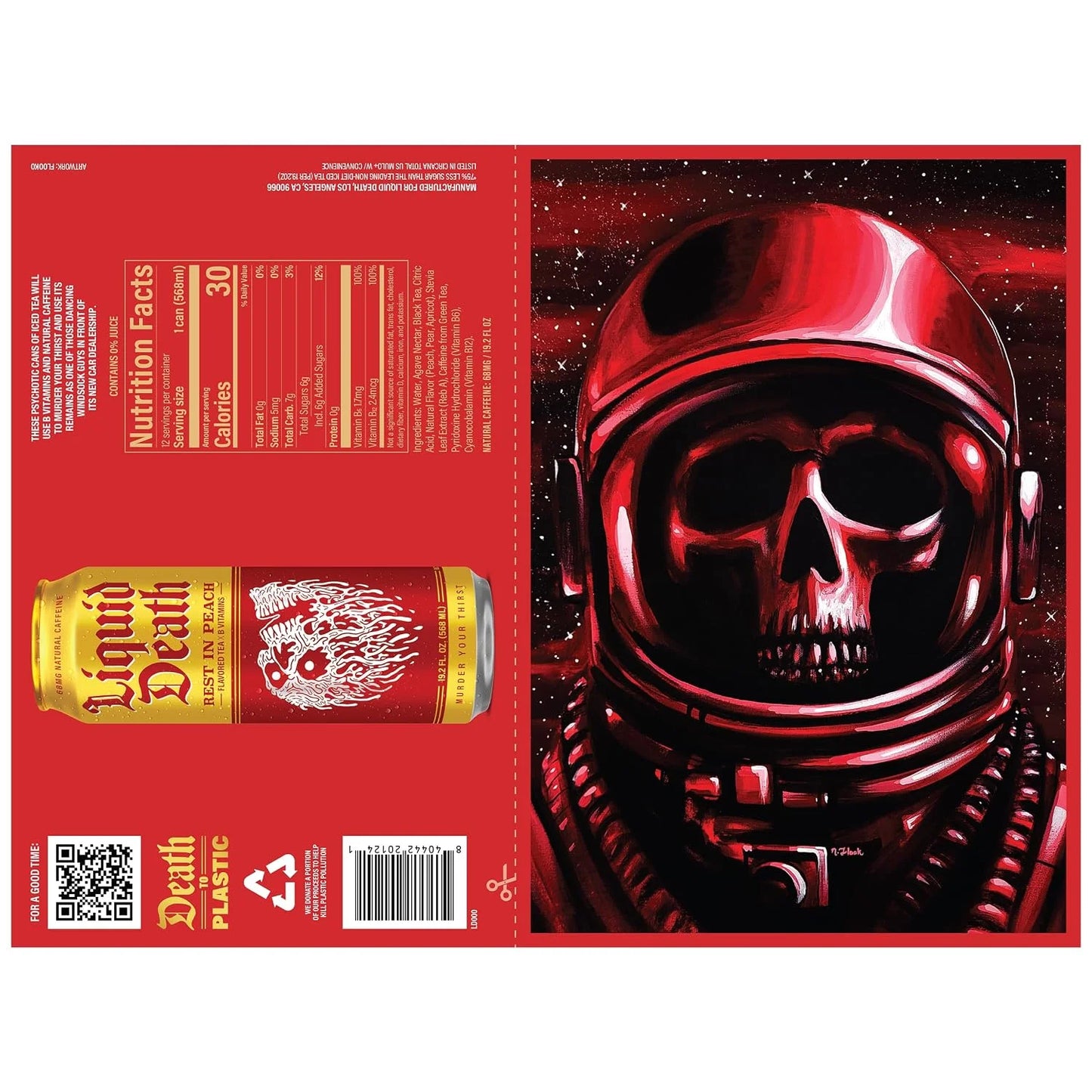 Liquid Death Iced Tea - Rest In Peach (Peach-Flavored Black Tea), Less Sugar*, Boost of Caffeine, B Vitamins, No Artificial Sweeteners, King Size 19.2 Fl Oz (Pack of 12)