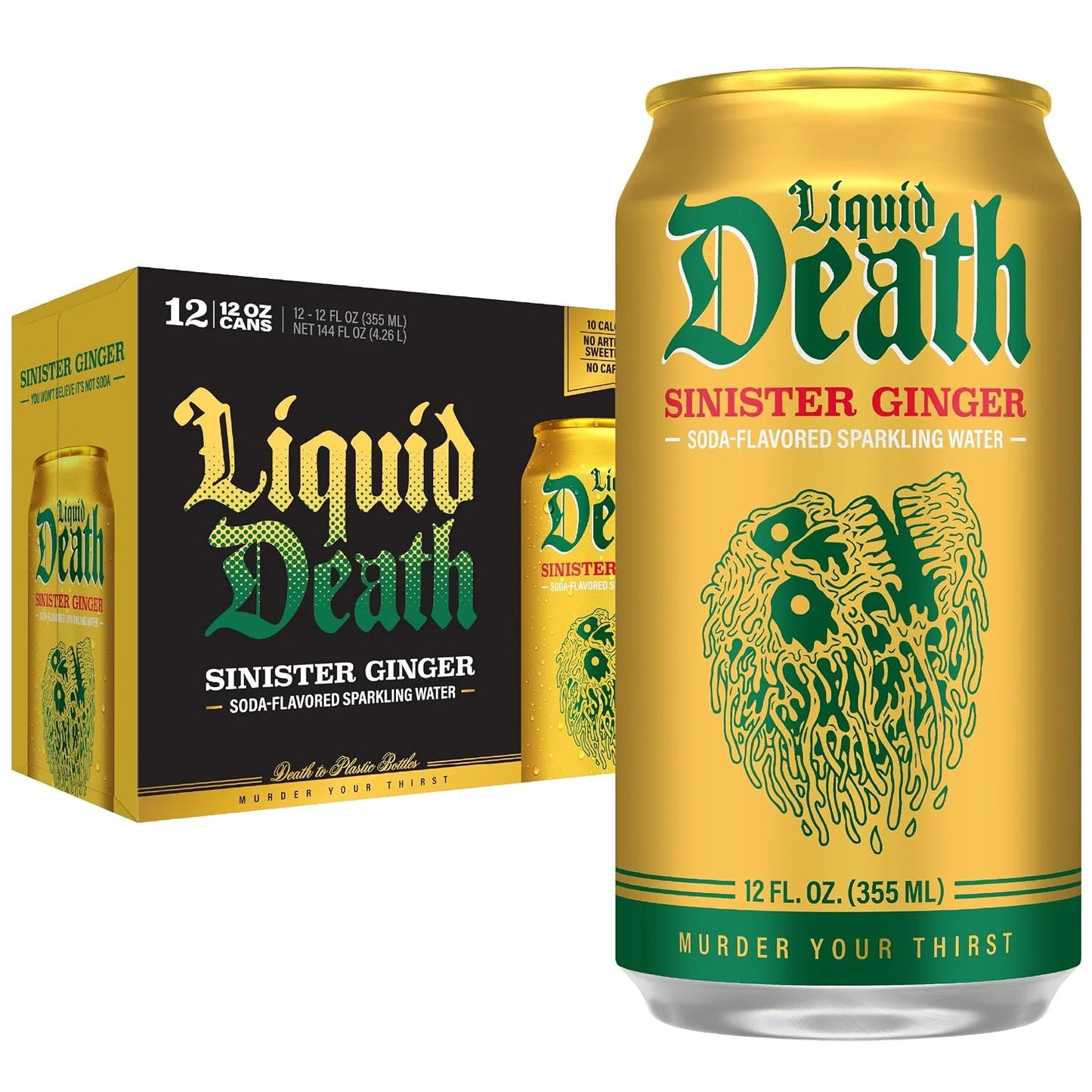 Liquid Death Soda-Flavored Sparkling Water - Sinister Ginger, Less Sugar*, Huge Flavor, No Caffeine, No Artificial Sweeteners, 12 Fl Oz (Pack of 12)
