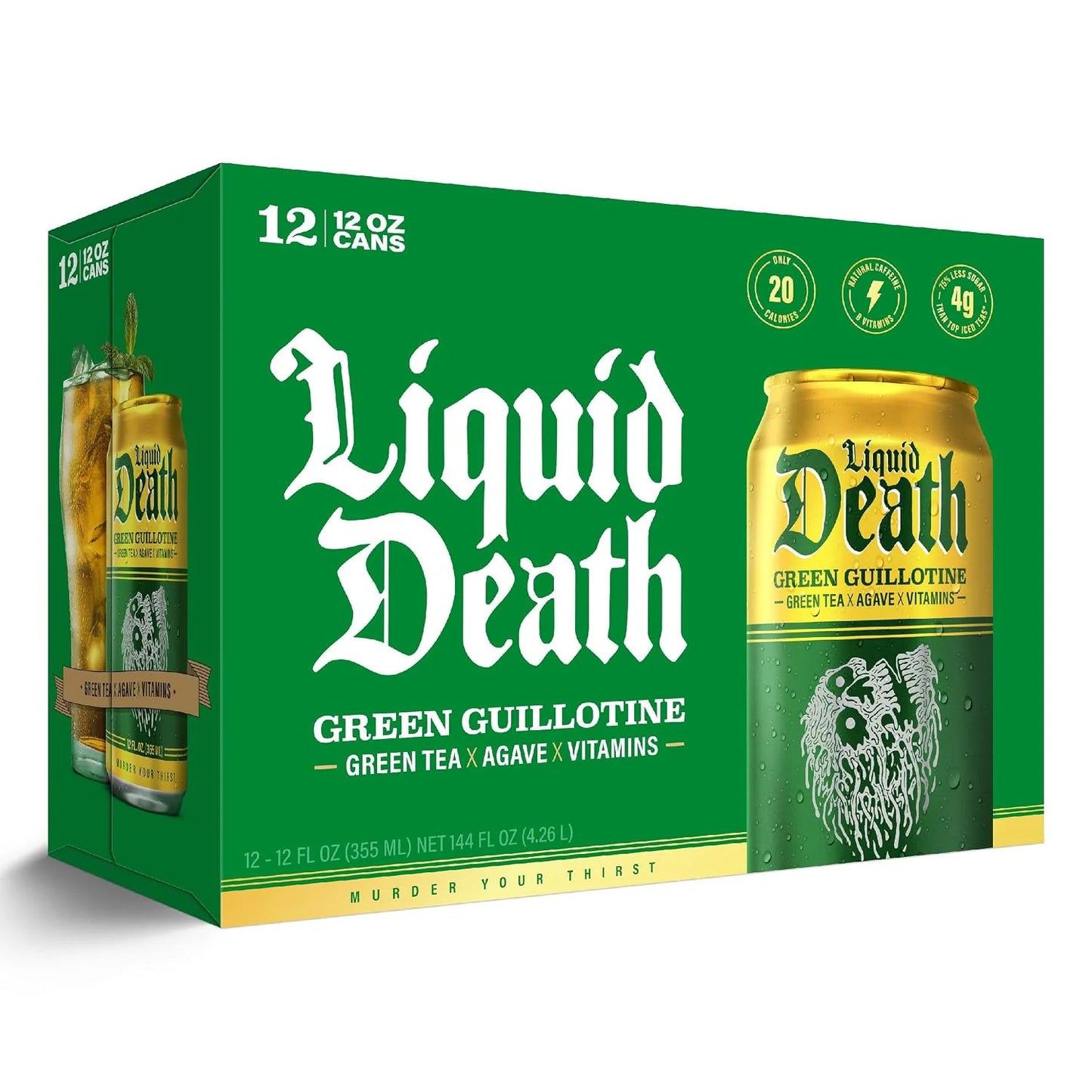 Liquid Death Iced Tea - Green Guillotine (Green Tea), Less Sugar*, Boost of Caffeine, B Vitamins, No Artificial Sweeteners, 12 Fl Oz (Pack of 12)