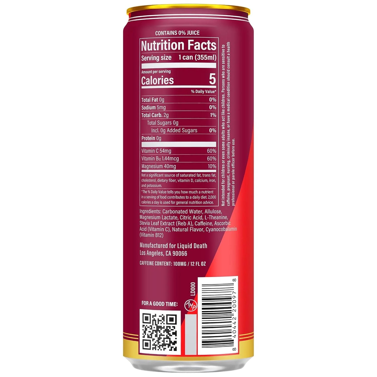 Liquid Death Sparkling Energy - Murder Mystery (Cherry, Cream, Spice), Zero Sugar Energy Drink, Unextreme Caffeine 100mg, Essential Vitamins, 12 Fl Oz (Pack of 12)