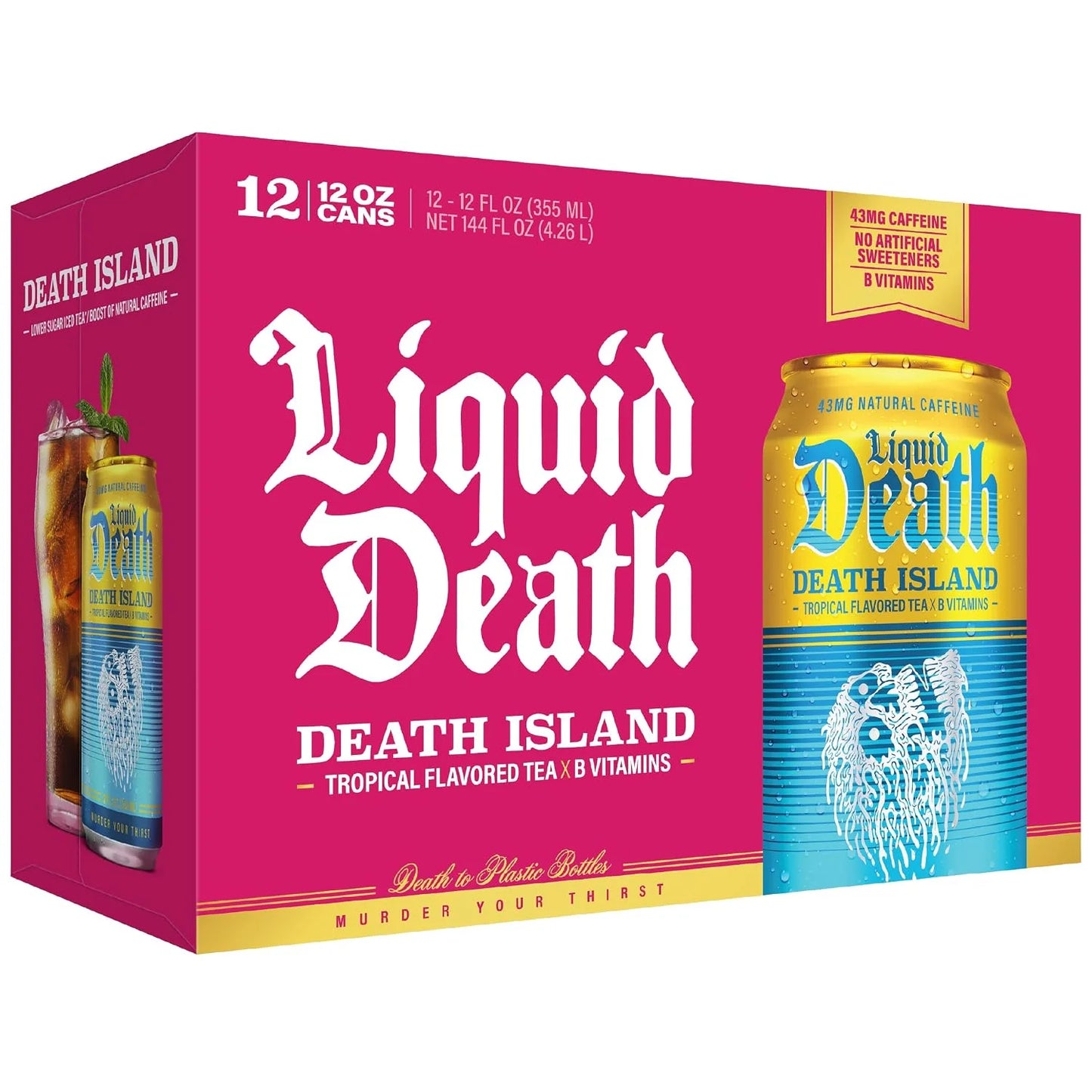 Liquid Death Iced Tea - Death Island (Tropical-Flavored Black Tea), Less Sugar*, Boost of Caffeine, B Vitamins, No Artificial Sweeteners, 12 Fl Oz (Pack of 12)