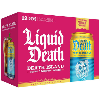 Liquid Death Iced Tea - Death Island (Tropical-Flavored Black Tea), Less Sugar*, Boost of Caffeine, B Vitamins, No Artificial Sweeteners, 12 Fl Oz (Pack of 12)
