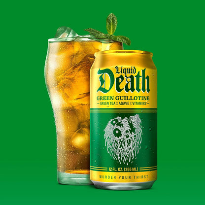 Liquid Death Iced Tea - Green Guillotine (Green Tea), Less Sugar*, Boost of Caffeine, B Vitamins, No Artificial Sweeteners, 12 Fl Oz (Pack of 12)