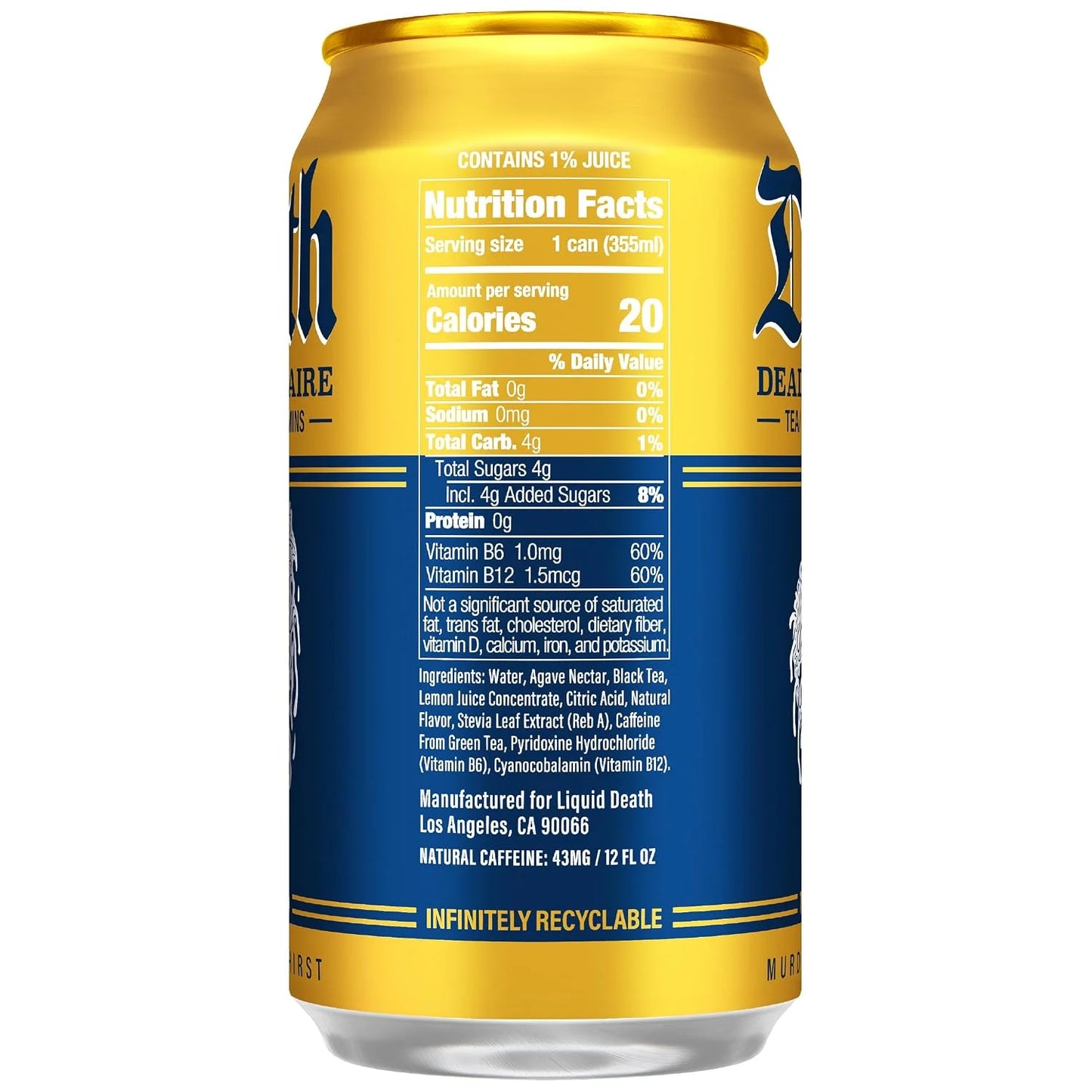 Liquid Death Iced Tea - Dead Billionaire (Black Tea/Lemonade), Less Sugar*, Boost of Caffeine, B Vitamins, No Artificial Sweeteners, 12 Fl Oz (Pack of 12)
