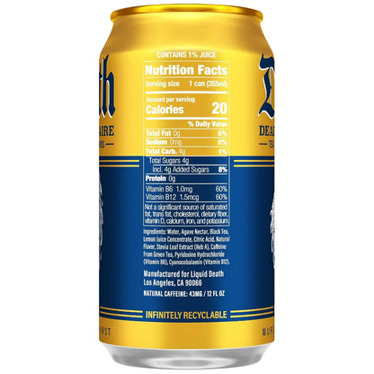 Liquid Death Iced Tea - Dead Billionaire (Black Tea/Lemonade), Less Sugar*, Boost of Caffeine, B Vitamins, No Artificial Sweeteners, 12 Fl Oz (Pack of 12)
