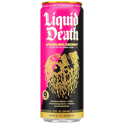Liquid Death Sparkling Energy - Scary Strawberry, Zero Sugar Energy Drink, Unextreme Caffeine 100mg, Essential Vitamins, 12 Fl Oz (Pack of 12)