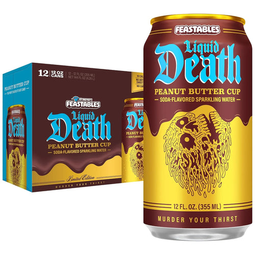Liquid Death Soda-Flavored Sparkling Water - Feastables Peanut Butter Cup, Less Sugar*, Huge Flavor, No Caffeine, No Artificial Sweeteners, 12 Fl Oz (Pack of 12)