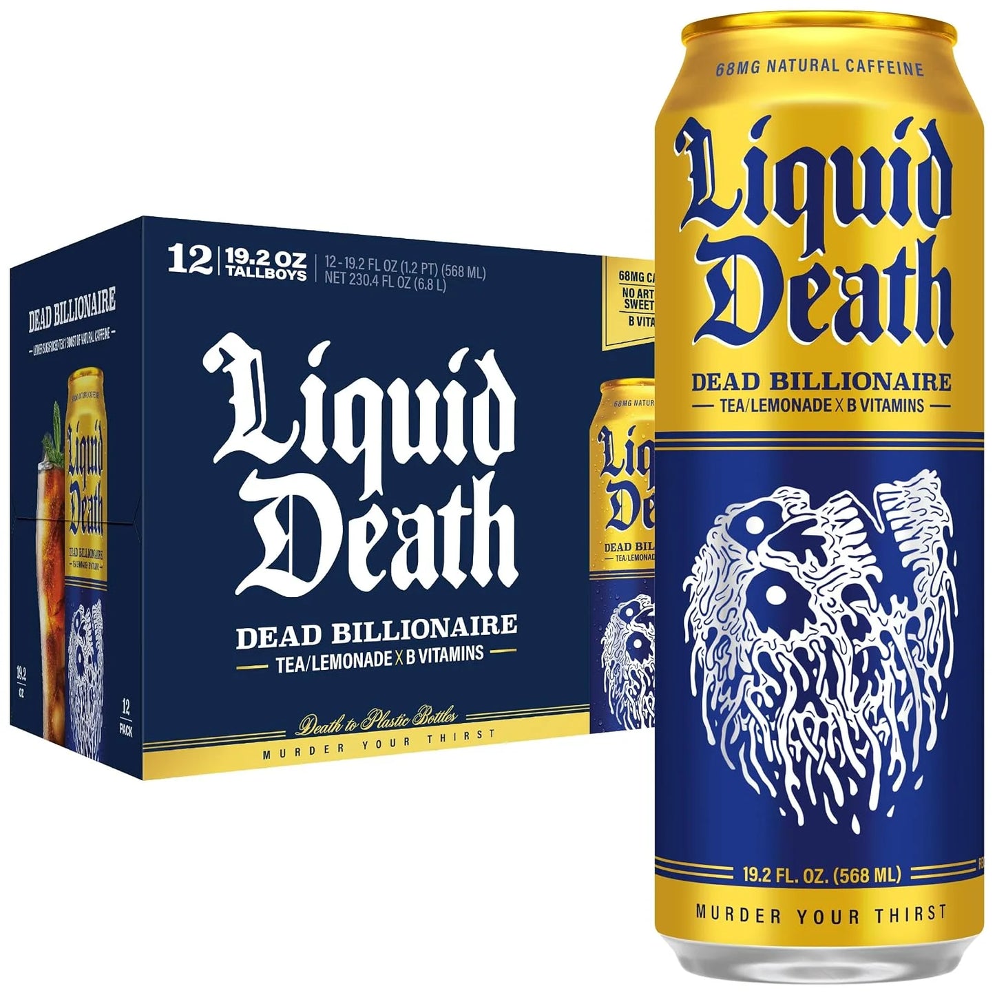 Liquid Death Iced Tea - Dead Billionaire (Black Tea/Lemonade), Less Sugar*, Boost of Caffeine, B Vitamins, No Artificial Sweeteners, King Size 19.2 Fl Oz (Pack of 12)