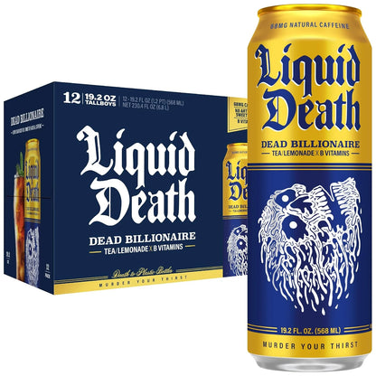 Liquid Death Iced Tea - Dead Billionaire (Black Tea/Lemonade), Less Sugar*, Boost of Caffeine, B Vitamins, No Artificial Sweeteners, King Size 19.2 Fl Oz (Pack of 12)