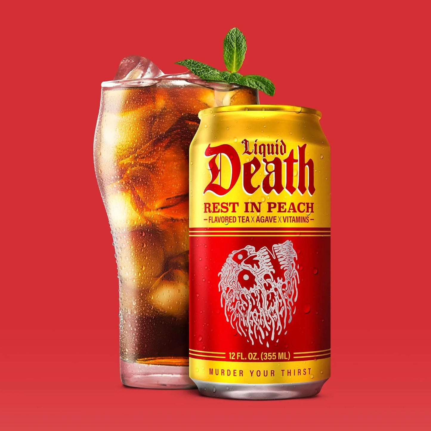 Liquid Death Iced Tea - Rest In Peach (Peach-Flavored Black Tea), Less Sugar*, Boost of Caffeine, B Vitamins, No Artificial Sweeteners, 12 Fl Oz (Pack of 12)