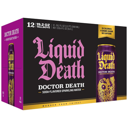 Liquid Death Soda-Flavored Sparkling Water - Doctor Death (Cherry, Cream, Spice), Less Sugar*, Huge Flavor, No Caffeine, No Artificial Sweeteners, King Size 19.2 Fl Oz (Pack of 12)