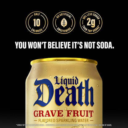 Liquid Death Soda-Flavored Sparkling Water - Grave Fruit (Grapefruit Flavor), Less Sugar*, Huge Flavor, No Caffeine, No Artificial Sweeteners, 12 Fl Oz (Pack of 12)