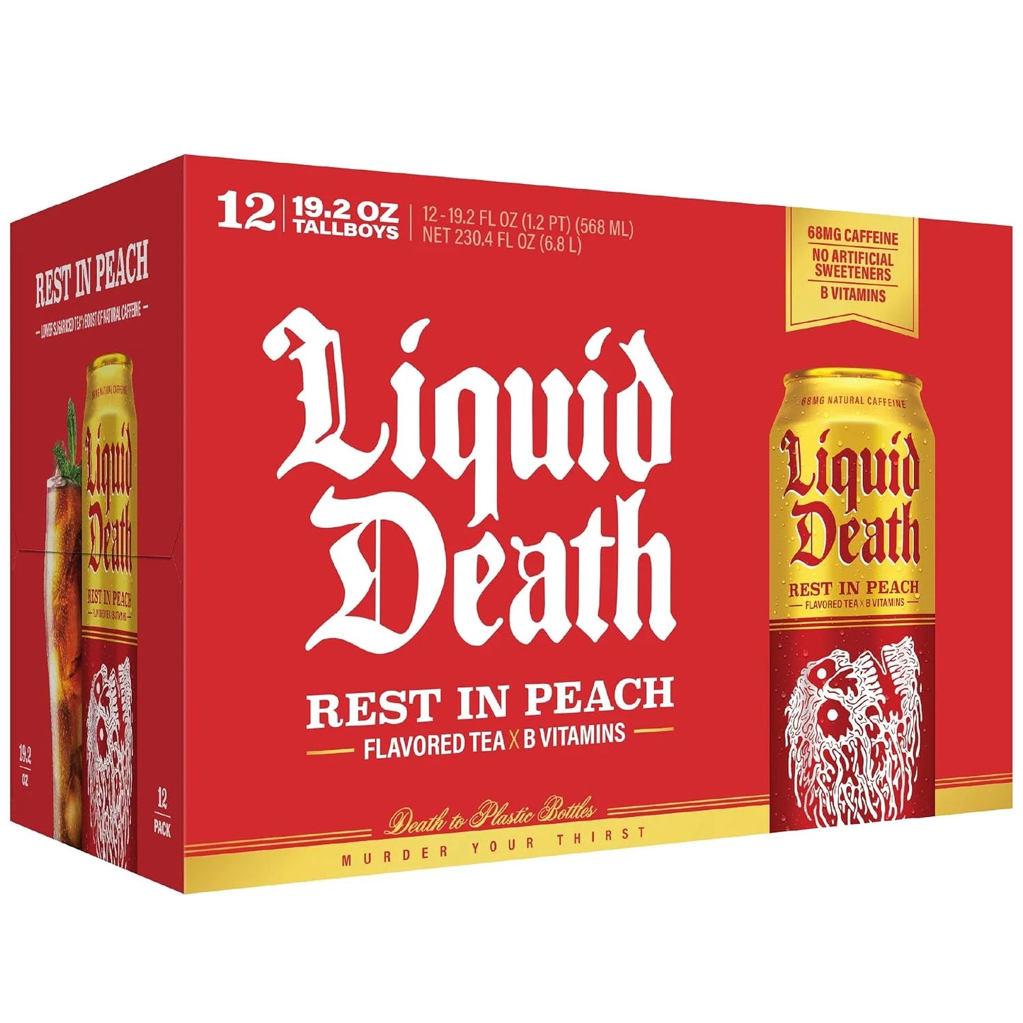 Liquid Death Iced Tea - Rest In Peach (Peach-Flavored Black Tea), Less Sugar*, Boost of Caffeine, B Vitamins, No Artificial Sweeteners, King Size 19.2 Fl Oz (Pack of 12)