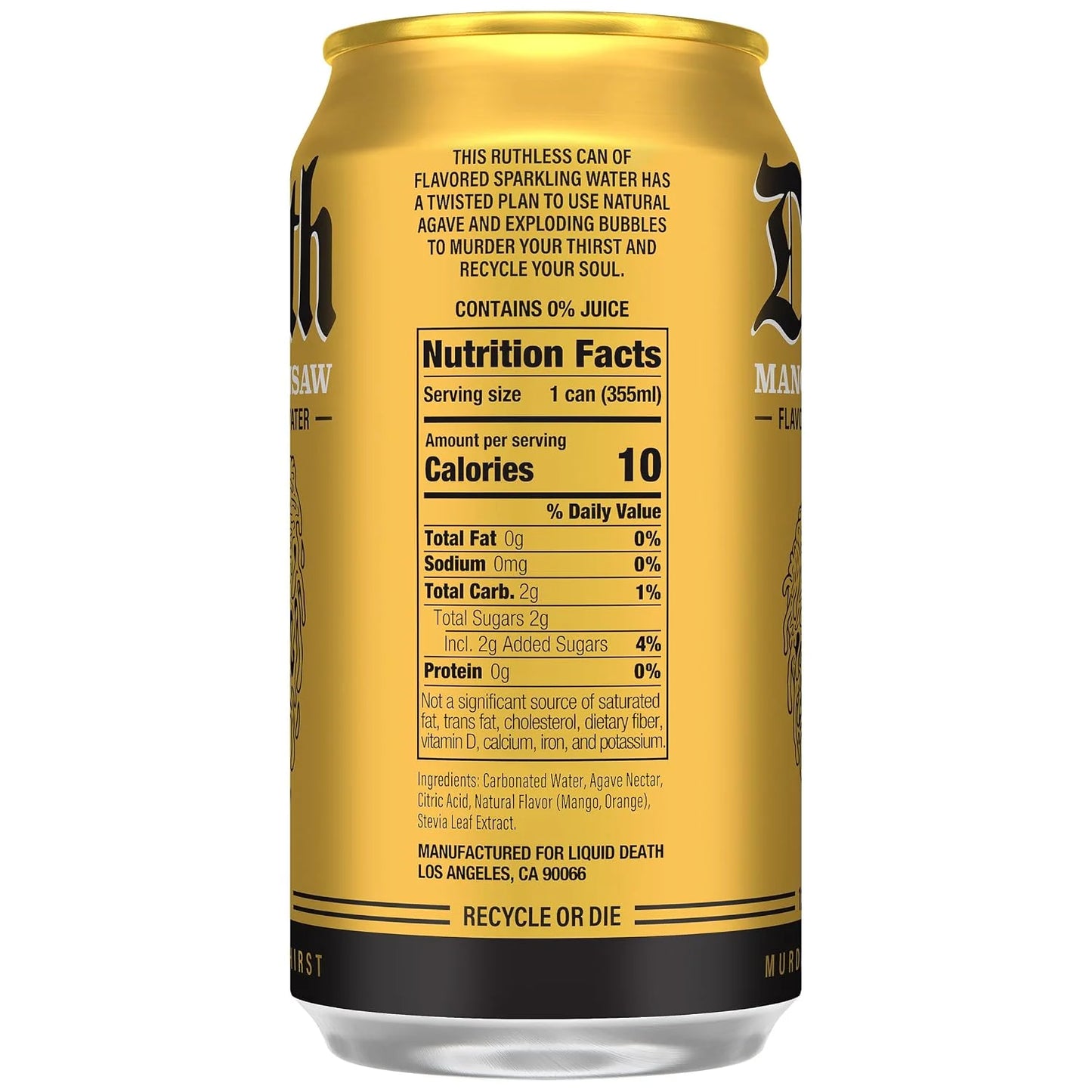 Liquid Death Soda-Flavored Sparkling Water - Mango Chainsaw (Mango Orange), Less Sugar*, Huge Flavor, No Caffeine, No Artificial Sweeteners, 12 Fl Oz (Pack of 12)