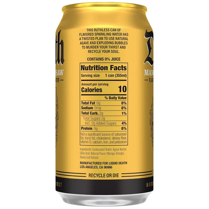 Liquid Death Soda-Flavored Sparkling Water - Mango Chainsaw (Mango Orange), Less Sugar*, Huge Flavor, No Caffeine, No Artificial Sweeteners, 12 Fl Oz (Pack of 12)