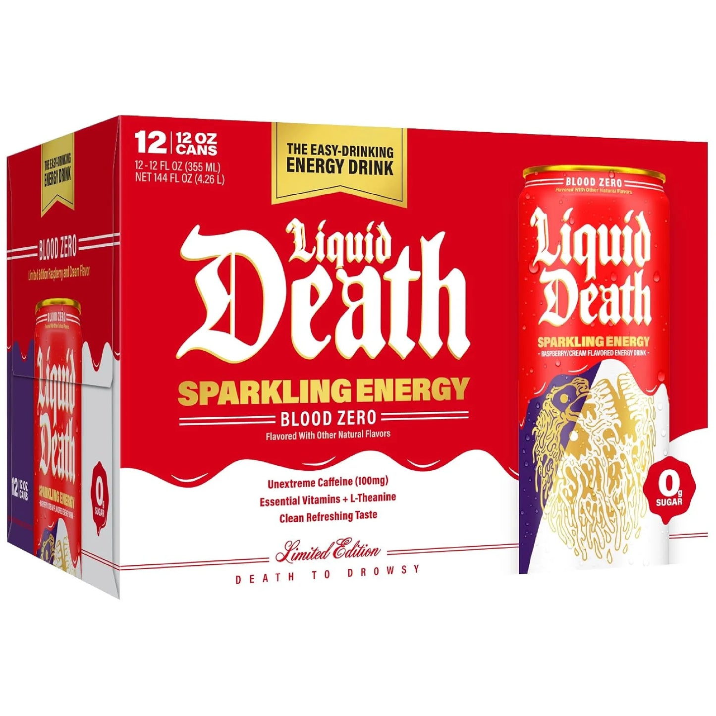 Liquid Death Sparkling Energy - Blood Zero (Raspberry Cream), Zero Sugar Energy Drink, Unextreme Caffeine 100mg, Essential Vitamins, 12 Fl Oz (Pack of 12)