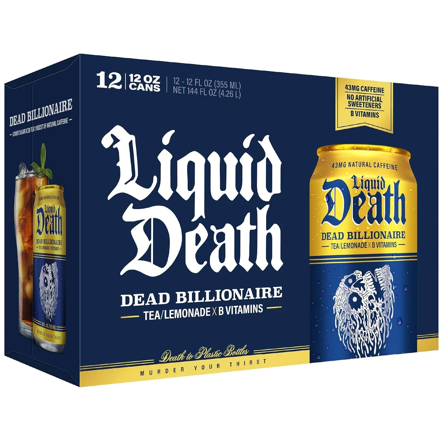Liquid Death Iced Tea - Dead Billionaire (Black Tea/Lemonade), Less Sugar*, Boost of Caffeine, B Vitamins, No Artificial Sweeteners, 12 Fl Oz (Pack of 12)