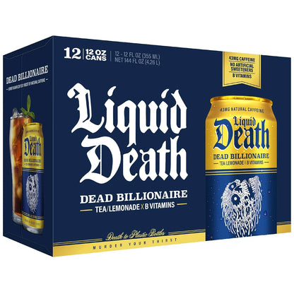 Liquid Death Iced Tea - Dead Billionaire (Black Tea/Lemonade), Less Sugar*, Boost of Caffeine, B Vitamins, No Artificial Sweeteners, 12 Fl Oz (Pack of 12)