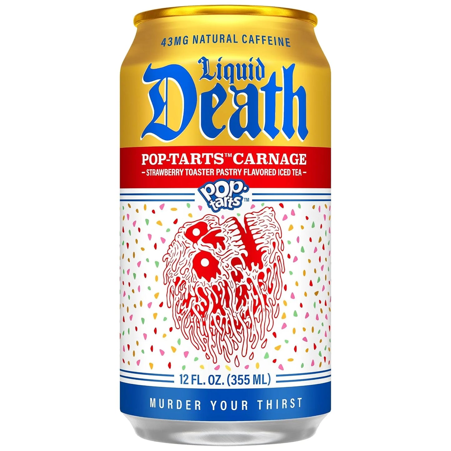 Liquid Death Iced Tea, Pop-Tarts™ Carnage (Pop-Tarts® Frosted Strawberry Toaster Pastry Flavored Black Tea), Less Sugar*, Boost of Caffeine, B Vitamins, No Artificial Sweeteners, 12 Fl Oz (Pack of 12)
