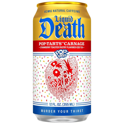 Liquid Death Iced Tea, Pop-Tarts™ Carnage (Pop-Tarts® Frosted Strawberry Toaster Pastry Flavored Black Tea), Less Sugar*, Boost of Caffeine, B Vitamins, No Artificial Sweeteners, 12 Fl Oz (Pack of 12)