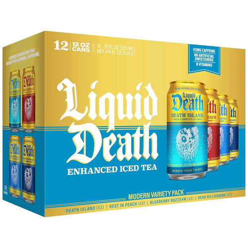 Liquid Death Iced Tea - Modern Variety, Less Sugar*, Boost of Caffeine, B Vitamins, No Artificial Sweeteners, 4 Flavors: Tea/Lemonade, Rest in Peach, Death Island, Blueberry Buzzsaw, 12 Fl Oz (Pack of 12)