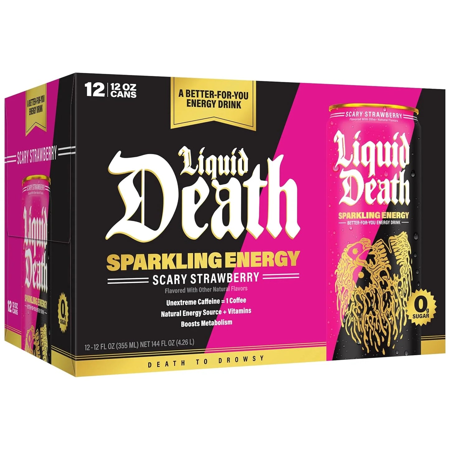 Liquid Death Sparkling Energy - Scary Strawberry, Zero Sugar Energy Drink, Unextreme Caffeine 100mg, Essential Vitamins, 12 Fl Oz (Pack of 12)