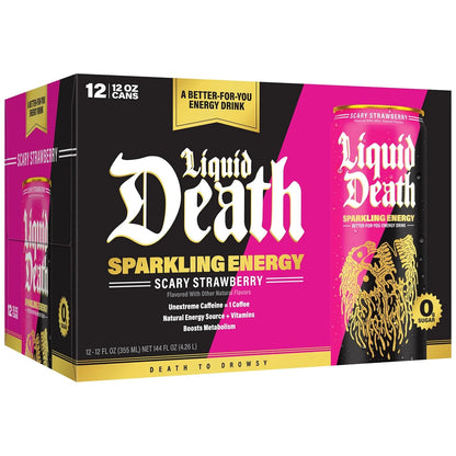 Liquid Death Sparkling Energy - Scary Strawberry, Zero Sugar Energy Drink, Unextreme Caffeine 100mg, Essential Vitamins, 12 Fl Oz (Pack of 12)