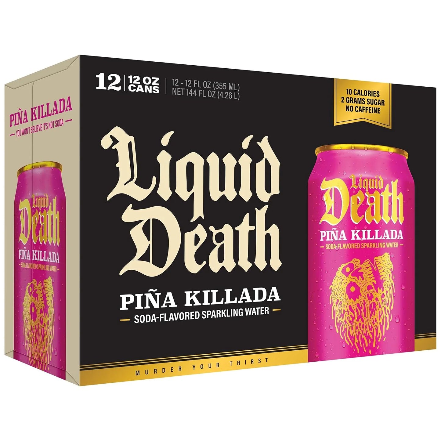 Liquid Death Soda-Flavored Sparkling Water - Piña Killada (Classic Piña Colada), Less Sugar*, Huge Flavor, No Caffeine, No Artificial Sweeteners, 12 Fl Oz (Pack of 12)