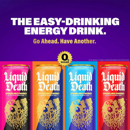 Liquid Death Sparkling Energy - Murder Mystery (Cherry, Cream, Spice), Zero Sugar Energy Drink, Unextreme Caffeine 100mg, Essential Vitamins, 12 Fl Oz (Pack of 12)