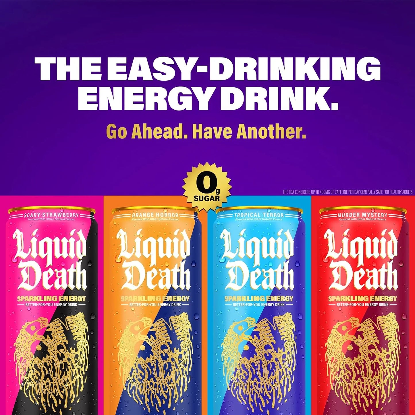 Liquid Death Sparkling Energy - Tropical Terror (Classic Piña Colada), Zero Sugar Energy Drink, Unextreme Caffeine 100mg, Essential Vitamins, 12 Fl Oz (Pack of 12)