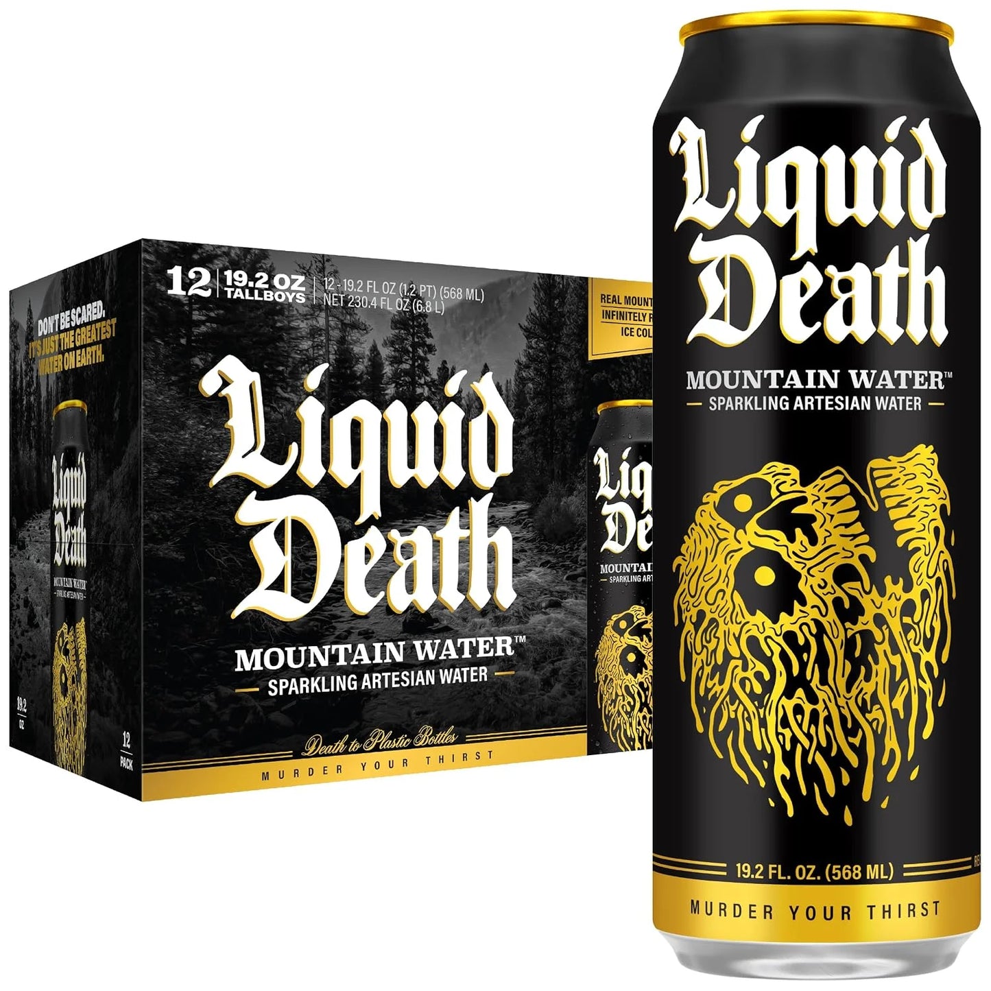 Liquid Death Sparkling Mountain Water, Real Mountain Source, Ice-Cold Cans, Infinitely Recyclable, King Size 19.2 Fl Oz (Pack of 12)