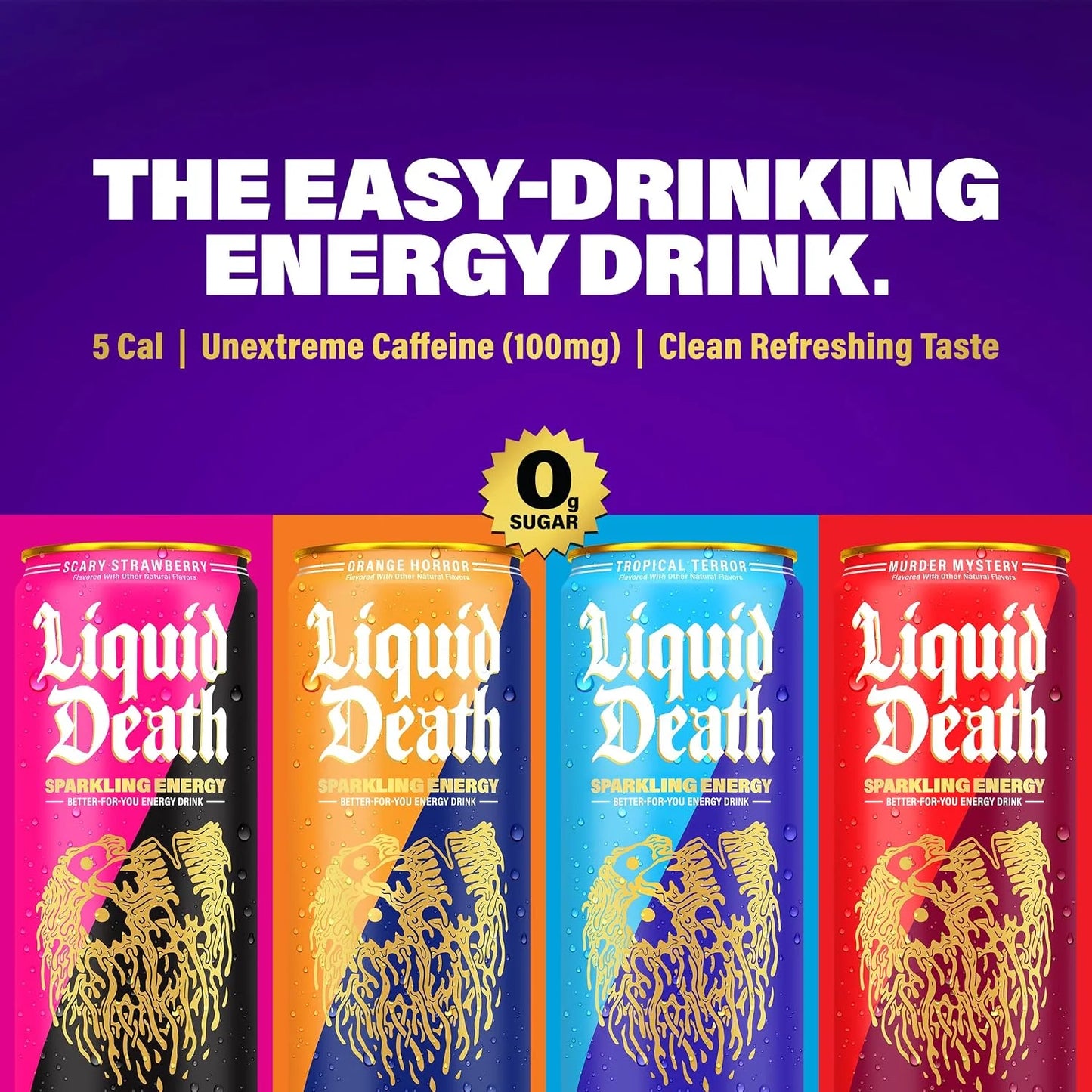 Liquid Death Sparkling Energy - Scary Strawberry, Zero Sugar Energy Drink, Unextreme Caffeine 100mg, Essential Vitamins, 12 Fl Oz (Pack of 12)