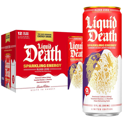 Liquid Death Sparkling Energy - Blood Zero (Raspberry Cream), Zero Sugar Energy Drink, Unextreme Caffeine 100mg, Essential Vitamins, 12 Fl Oz (Pack of 12)