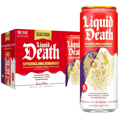 Liquid Death Sparkling Energy - Blood Zero (Raspberry Cream), Zero Sugar Energy Drink, Unextreme Caffeine 100mg, Essential Vitamins, 12 Fl Oz (Pack of 12)