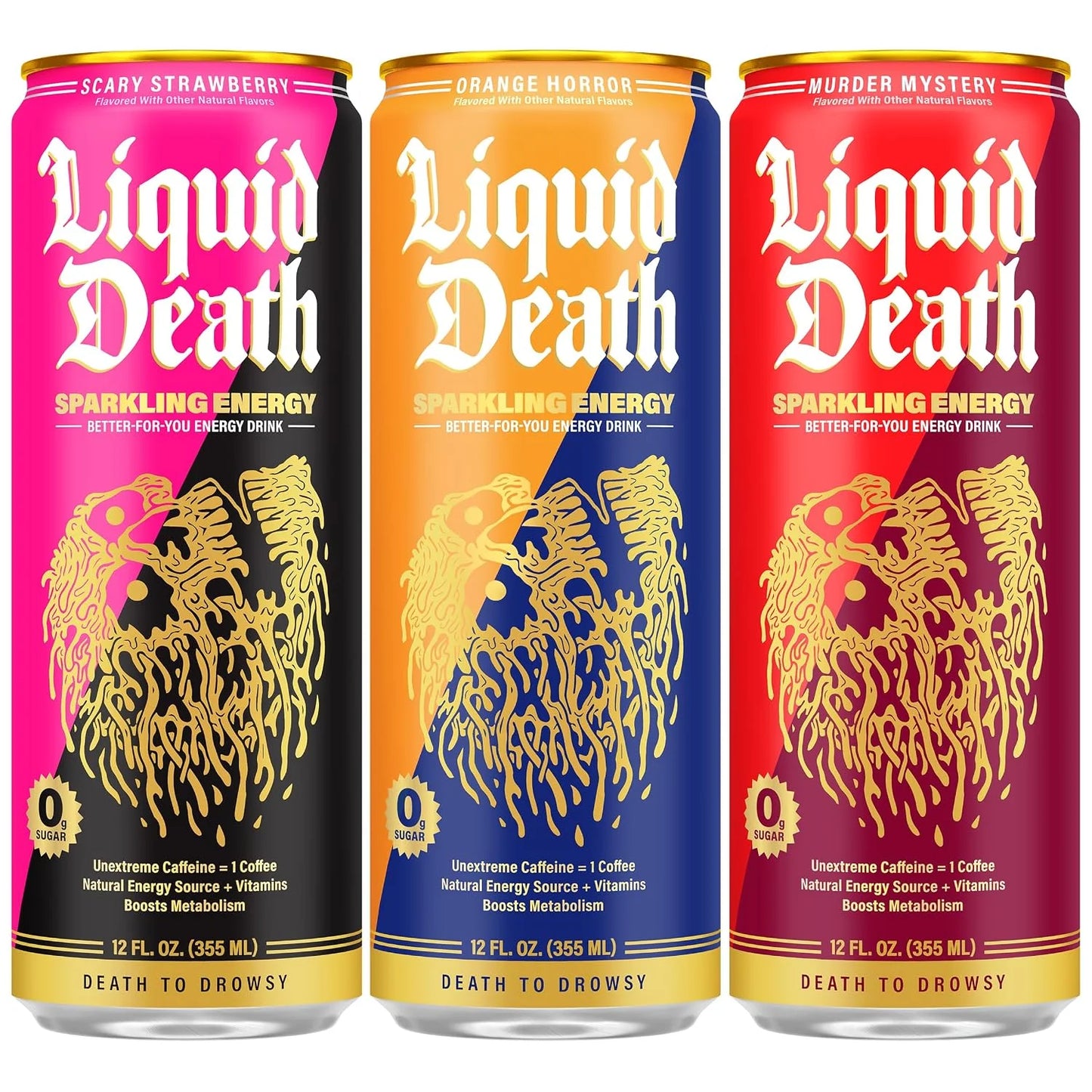 Liquid Death Sparkling Energy Variety Pack, Zero Sugar Energy Drink, Unextreme Caffeine 100mg, Essential Vitamins, 3 Flavors: Strawberry, Orange, and Murder Mystery, 12 Fl Oz (Pack of 12)