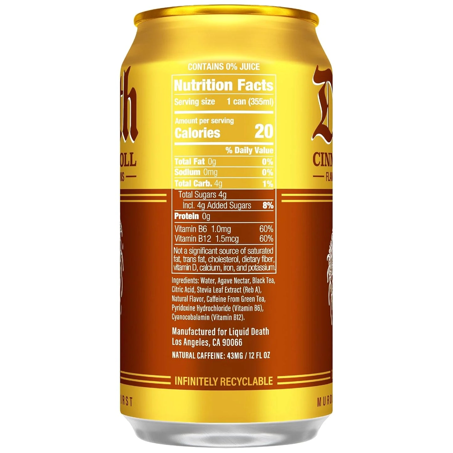 Liquid Death Iced Tea - Cinnamon Roll, Less Sugar*, Boost of Caffeine, B Vitamins, No Artificial Sweeteners, 12 Fl Oz (Pack of 12)