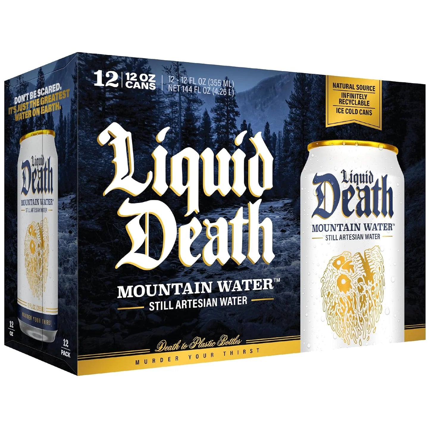 Liquid Death Still Mountain Water, Real Mountain Source, Ice-Cold Cans, Infinitely Recyclable, 12 Fl Oz (Pack of 12)