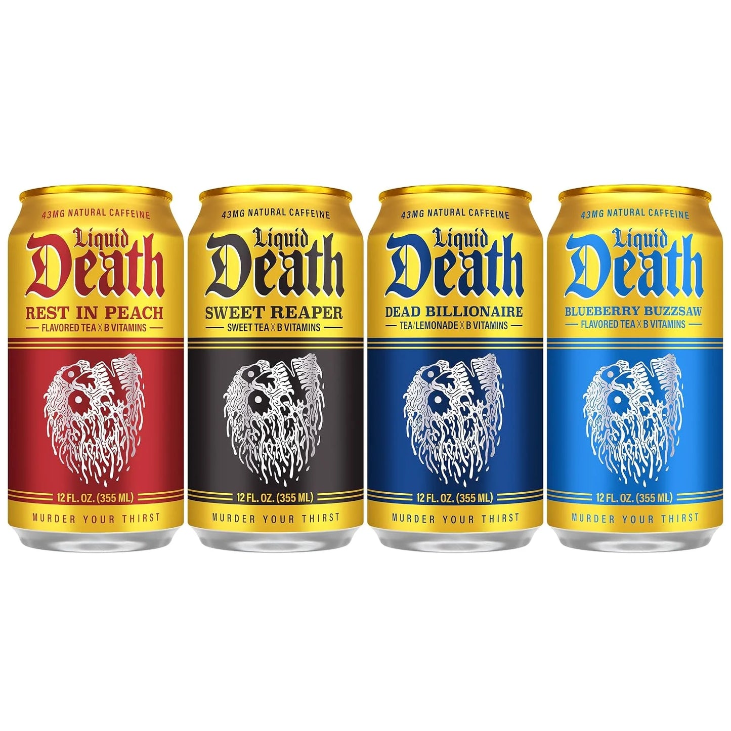 Liquid Death Iced Tea - O.G. Variety, Less Sugar*, Boost of Caffeine, B Vitamins, No Artificial Sweeteners, 4 Flavors: Tea/Lemonade, Rest in Peach, Sweet Reaper, Blueberry Buzzsaw, 12 Fl Oz (Pack of 12)