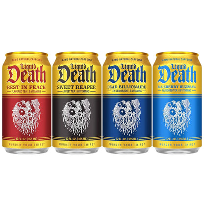 Liquid Death Iced Tea - O.G. Variety, Less Sugar*, Boost of Caffeine, B Vitamins, No Artificial Sweeteners, 4 Flavors: Tea/Lemonade, Rest in Peach, Sweet Reaper, Blueberry Buzzsaw, 12 Fl Oz (Pack of 12)