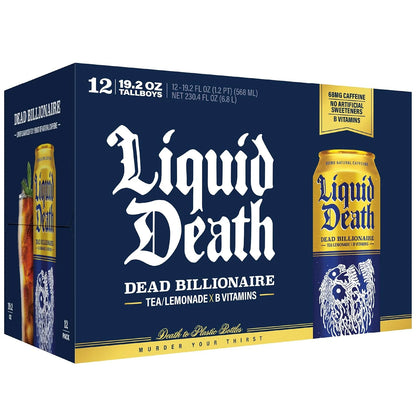 Liquid Death Iced Tea - Dead Billionaire (Black Tea/Lemonade), Less Sugar*, Boost of Caffeine, B Vitamins, No Artificial Sweeteners, King Size 19.2 Fl Oz (Pack of 12)